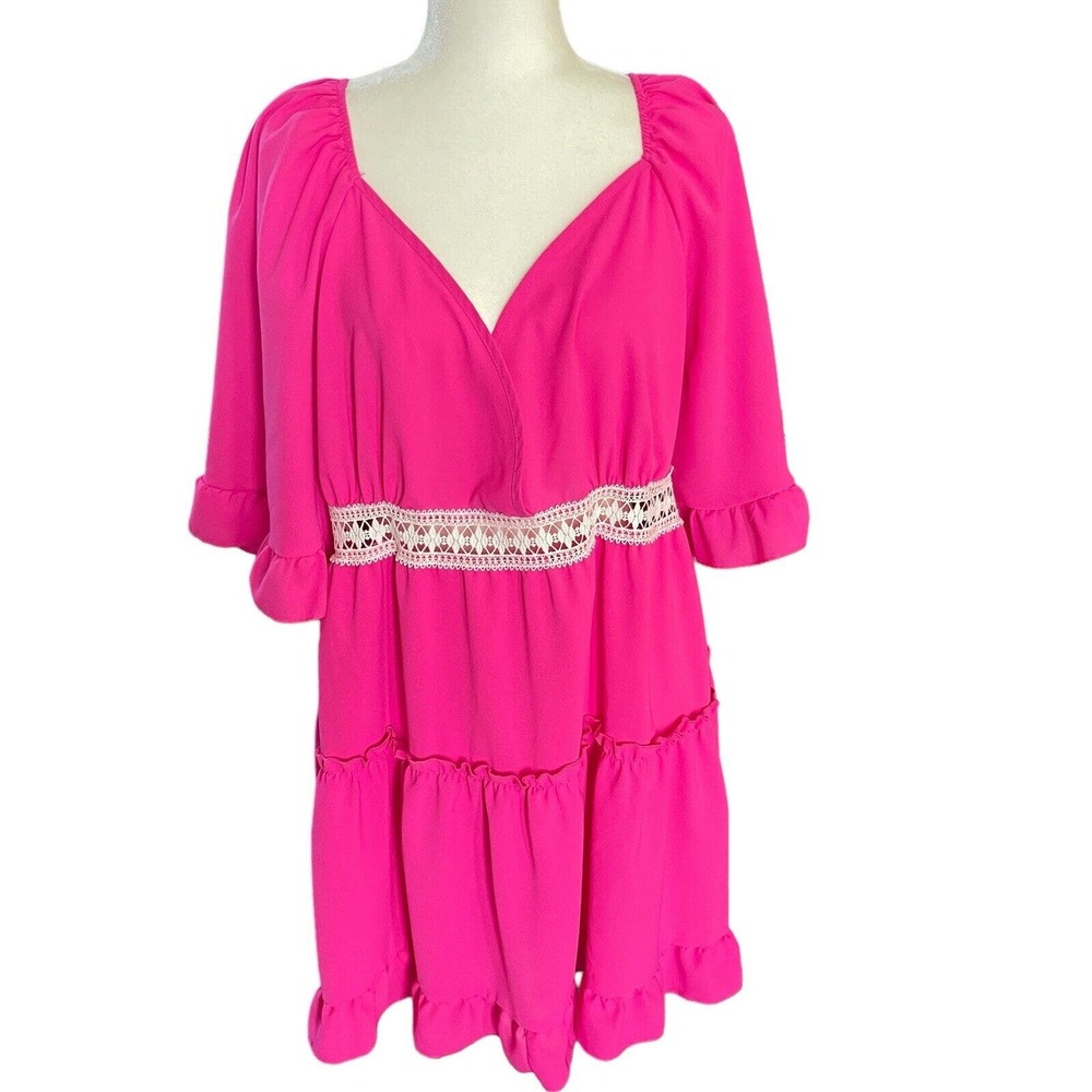 Women’s Hot Pink Crochet Waist Babydoll Dress